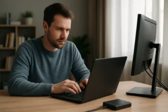 Férfi laptopon dolgozik a memóriakezelés optimalizálásán.