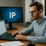 Fiatal férfi dinamikus IP-címekkel kapcsolatos információkat ír le laptopján.