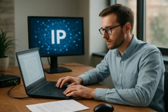 Fiatal férfi dinamikus IP-címekkel kapcsolatos információkat ír le laptopján.