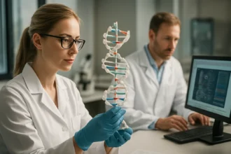 Genomikai kutatás: tudósok DNS-modell vizsgálata laboratóriumban