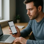 Férfi okostelefonját nézi, ami TOTP kódot mutat, laptop mellett ülve.