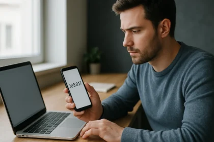 Férfi okostelefonját nézi, ami TOTP kódot mutat, laptop mellett ülve.