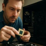 Férfi processzort szerel a számítógép belsejében.