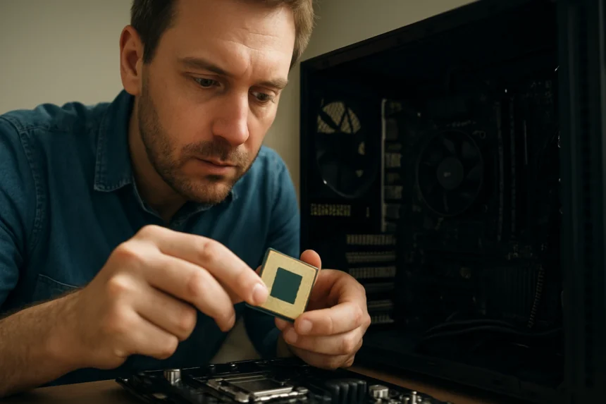 Férfi processzort szerel a számítógép belsejében.