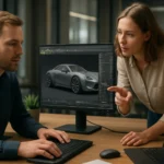 Két szakember közösen dolgozik egy 3D-s autómodellen az NVIDIA Omniverse platformon.