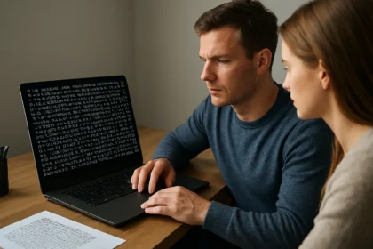 Két ember számítógépes kódot tanulmányoz.