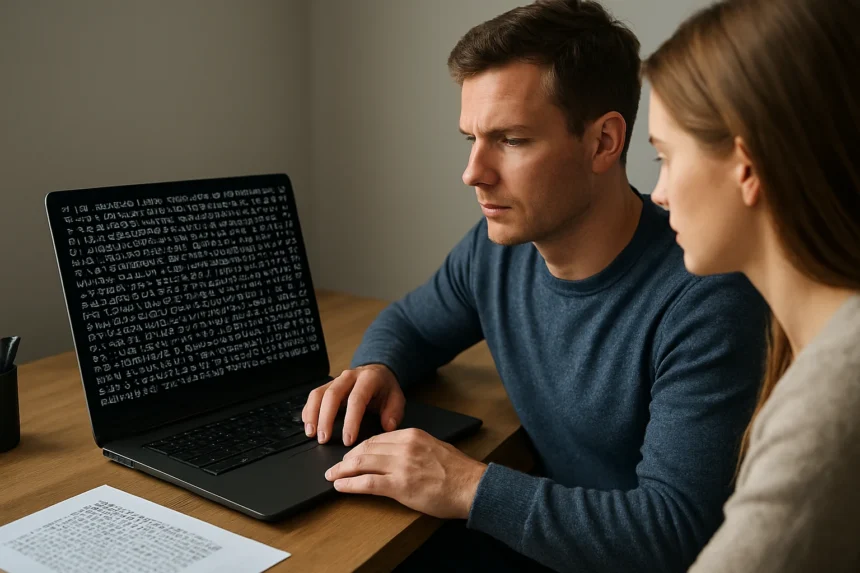 Két ember számítógépes kódot tanulmányoz.