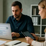 Két szakember dolgozik a digitális marketing keresőoptimalizálásán.