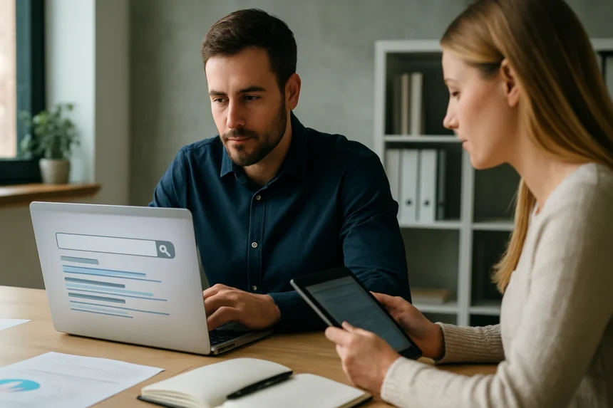 Két szakember dolgozik a digitális marketing keresőoptimalizálásán.