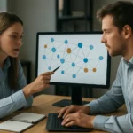 Két szakember graf adatbázis működését elemzi a képernyőn.