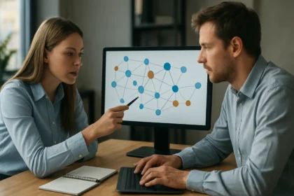 Két szakember graf adatbázis működését elemzi a képernyőn.