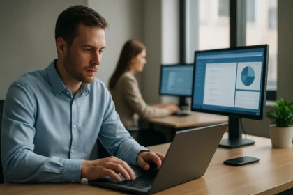 Felhasználó Microsoft Endpoint Manager szoftverrel dolgozik az irodában