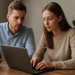 Két ember, akik egy laptopot néznek és közösen dolgoznak.