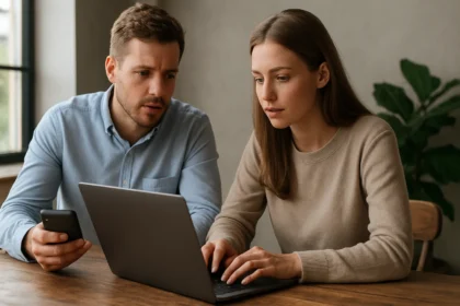 Két ember, akik egy laptopot néznek és közösen dolgoznak.