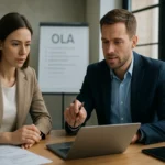 Két IT szakember működési szintű megállapodást (OLA) tárgyal laptop mellett.