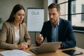 Két IT szakember működési szintű megállapodást (OLA) tárgyal laptop mellett.