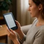 E-könyv olvasó használata kényelmesen otthon egy nő által.