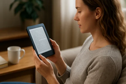 E-könyv olvasó használata kényelmesen otthon egy nő által.