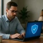 Férfi munkában, biztonsági védelem a laptopon, Windows Defender Application Guard