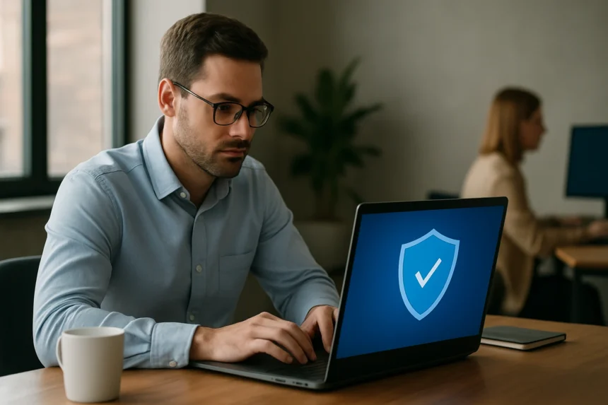 Férfi munkában, biztonsági védelem a laptopon, Windows Defender Application Guard