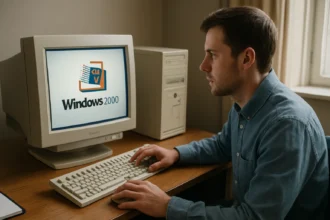 Felhasználó Windows 2000 operációs rendszeren dolgozik egy régi monitor előtt.