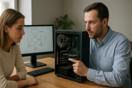 Két személy számítógépes rendszer felépítéséről és működéséről beszél