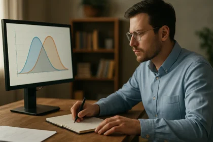 Férfi, aki fuzzy logikával kapcsolatos adatokat jegyez le számítógép előtt