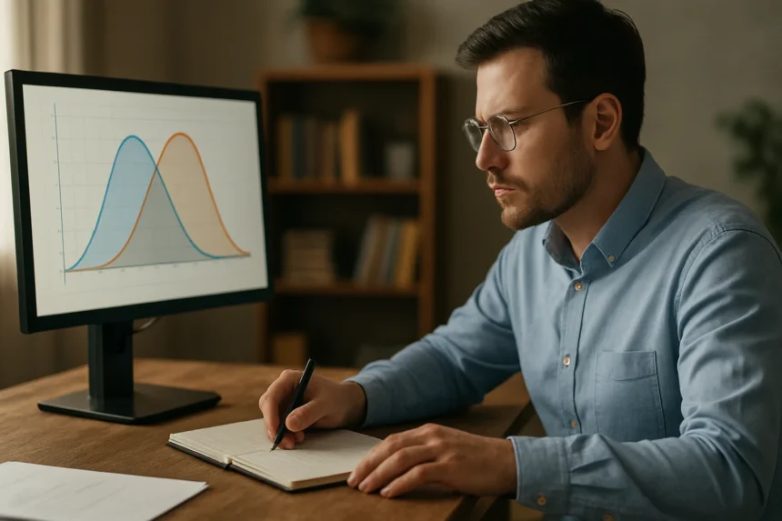 Férfi, aki fuzzy logikával kapcsolatos adatokat jegyez le számítógép előtt