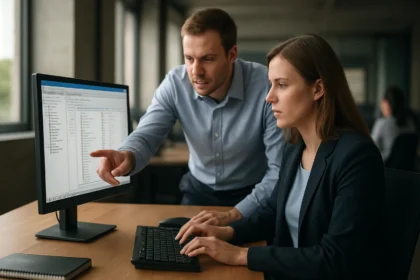 Két IT szakember Active Directory beállításokkal foglalkozik.