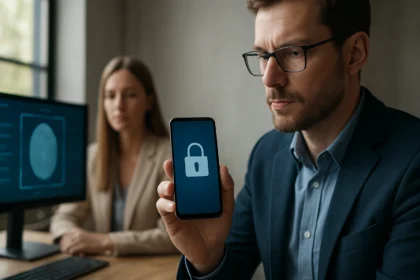 Férfi mobiltelefonján zárolt képernyő, női kolléga háttérben.