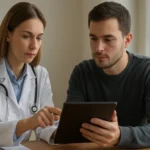 Orvos és páciens digitális egészségügyi adatokat néz.