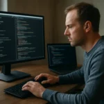 Férfi programozó parancssor használata számítógépen