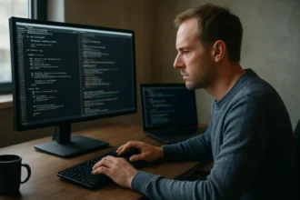 Férfi programozó parancssor használata számítógépen