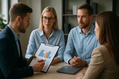 Munkahelyi megbeszélés a Predictive Index személyiségteszt alkalmazásáról.