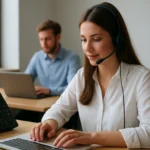 Nő VoIP telefonon dolgozik irodai környezetben