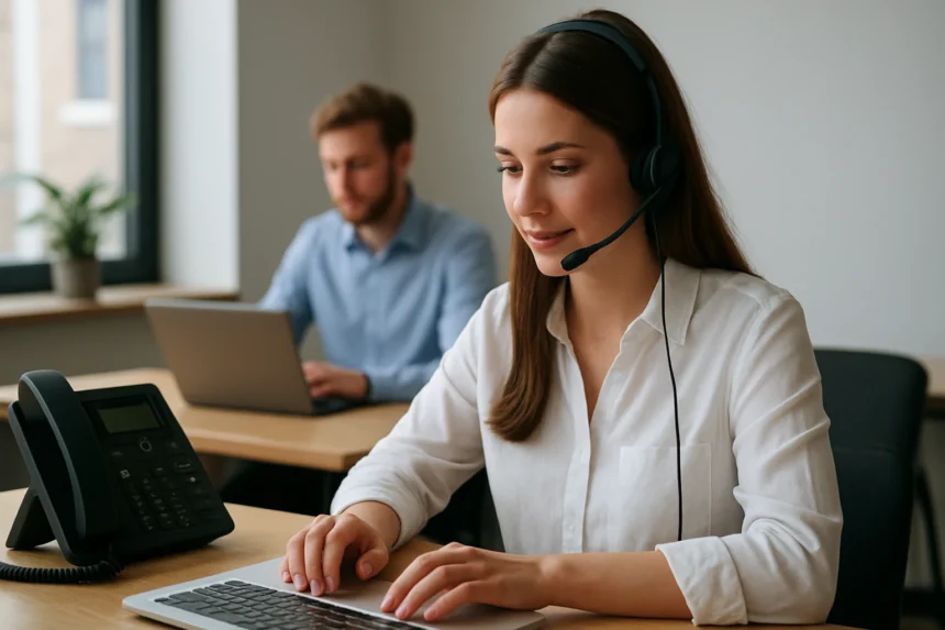 Nő VoIP telefonon dolgozik irodai környezetben