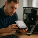 Férfi merevlemezt vizsgál a számítógép mellett, IDE technológia.