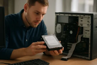 Férfi merevlemezt vizsgál a számítógép mellett, IDE technológia.