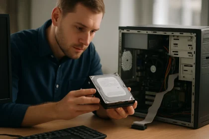 Férfi merevlemezt vizsgál a számítógép mellett, IDE technológia.