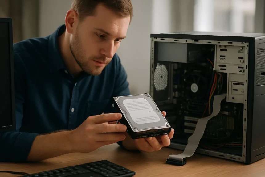 Férfi merevlemezt vizsgál a számítógép mellett, IDE technológia.