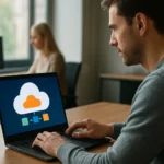 Férfi a laptopján Amazon AppStream felhőszolgáltatást használva