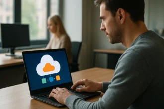 Férfi a laptopján Amazon AppStream felhőszolgáltatást használva