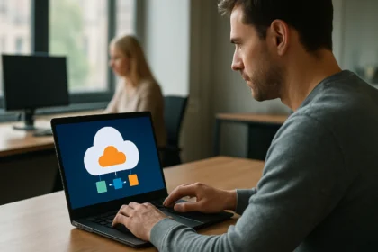 Férfi a laptopján Amazon AppStream felhőszolgáltatást használva