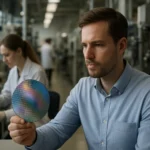 Munkatárs egy modern chipgyártó laboratóriumban, harmónikus szilíciumchippel