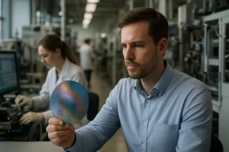 Munkatárs egy modern chipgyártó laboratóriumban, harmónikus szilíciumchippel