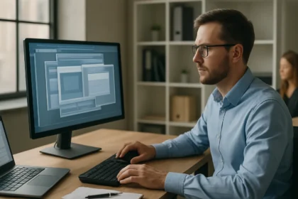 Férfi, aki virtuális asztalon dolgozik alkalmazás rétegzés technológiával.