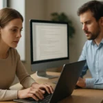 Két szakember dolgozik és beszélget a természetes nyelv generálásról.