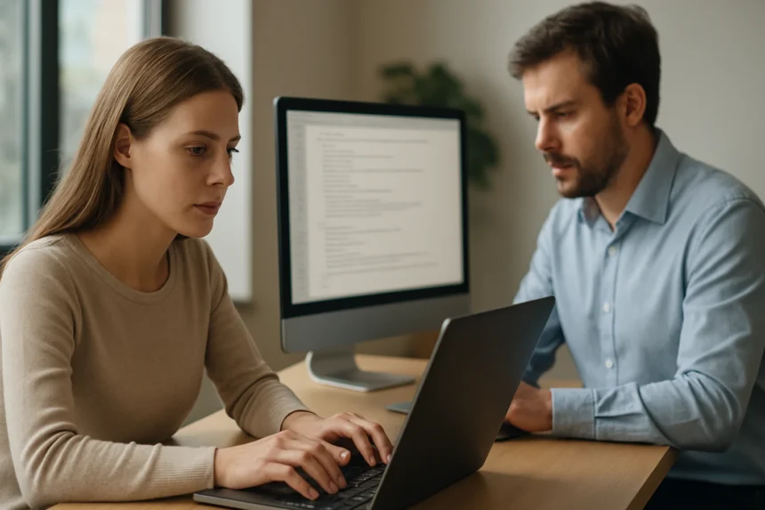 Két szakember dolgozik és beszélget a természetes nyelv generálásról.