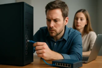 Férfi csatlakoztat egy kábelt egy számítógép portjához