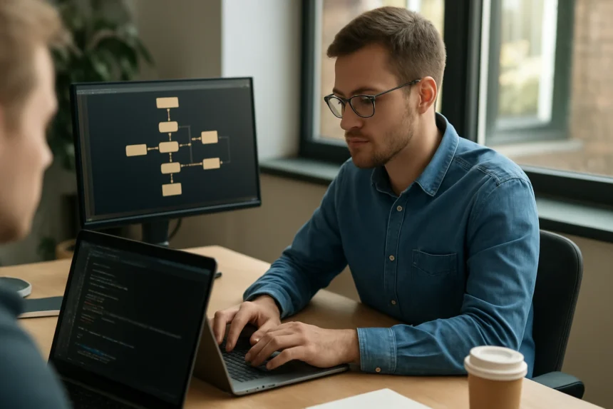 Programozó eseményalapú alkalmazást fejleszt laptopon és monitoron.